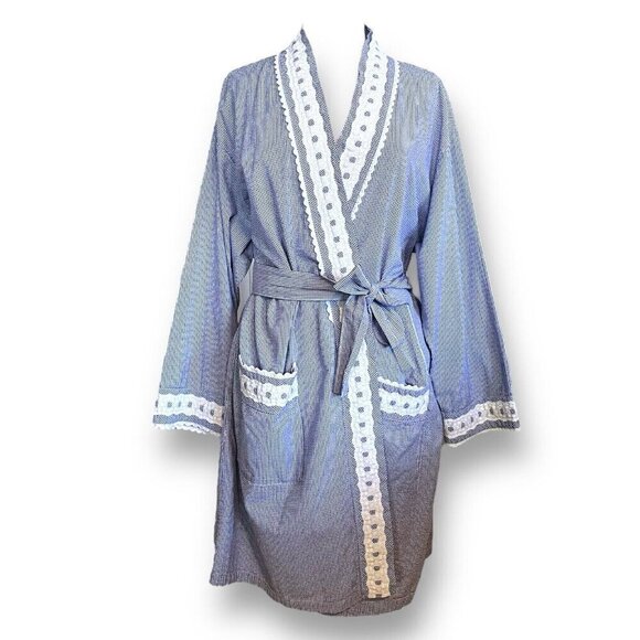 Eileen West Womens Robe Sz Medium Blue White Gingham Cotton Eyelet Trim Pockets - Picture 1 of 7